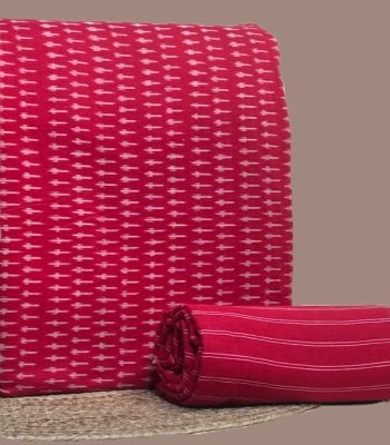 A red handwoven Ikkat top fabric with a woven handloom stripes cotton bottom