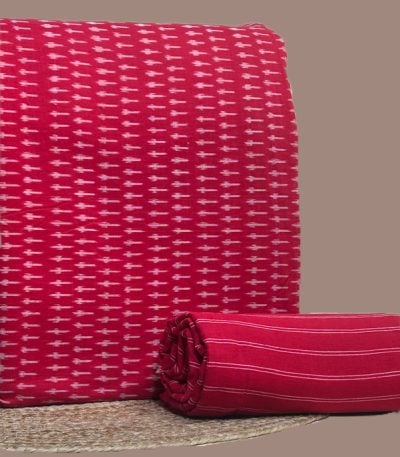 A red handwoven Ikkat top fabric with a woven handloom stripes cotton bottom