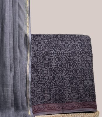 A gray set pairing a sheer AirLoom™ Kota dupatta with a hand blockprinted soft cotton top fabric