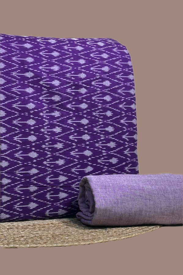 Purple - 2pc Ikkat Top and Handloom Cotton Bottom Fabric Set A purple handwoven Ikkat top fabric with a coordinating solid handloom cotton bottom