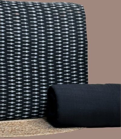 A black handwoven Ikkat top fabric with a coordinating solid handloom cotton bottom