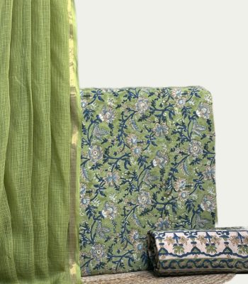 A green three piece set — sheer AirLoom™ Kota dupatta with gold zari border