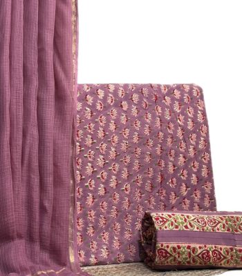 A pink three piece set — sheer AirLoom™ Kota dupatta with gold zari border