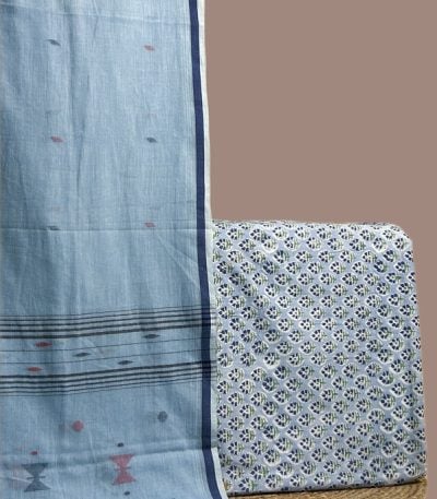 A blue set pairing a handwoven Handloom dupatta with a hand blockprinted soft cotton top fabric