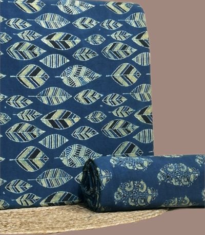 A blue Ajrakh set with a printed top fabric and a coordinating Ajrakh bottom in a contrasting motif