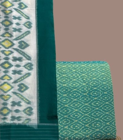 A green handwoven Ikkat set with a patterned dupatta and coordinating Ikkat top fabric