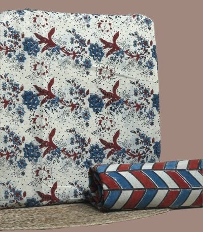 A white Ajrakh set with a printed top fabric and a coordinating Ajrakh bottom in a contrasting motif