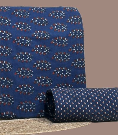A blue Ajrakh set with a printed top fabric and a coordinating Ajrakh bottom in a contrasting motif