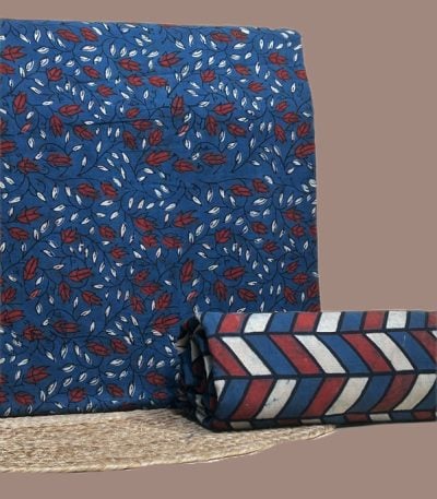 A blue Ajrakh set with a printed top fabric and a coordinating Ajrakh bottom in a contrasting motif