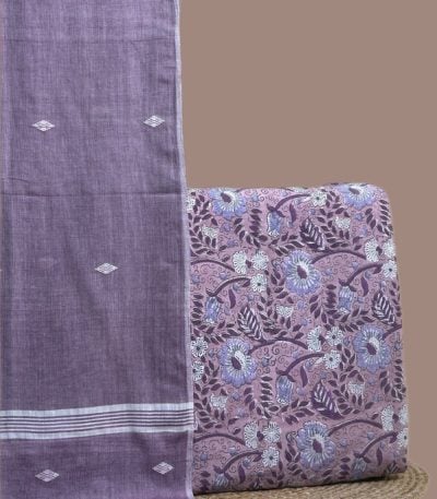 A purple set pairing a handwoven Handloom dupatta with a hand blockprinted soft cotton top fabric