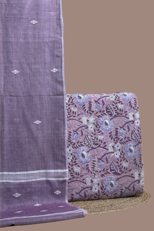 Purple - 2pc Handloom Dupatta and Blockprinted Soft Cotton Top Fabric Set A purple set pairing a handwoven Handloom dupatta with a hand blockprinted soft cotton top fabric
