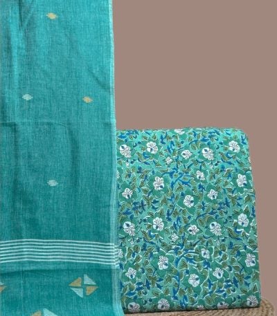A green set pairing a handwoven Handloom dupatta with a hand blockprinted soft cotton top fabric