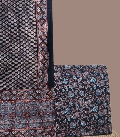 A blue Ajrakh set with a bordered printed dupatta and a coordinating Ajrakh top fabric