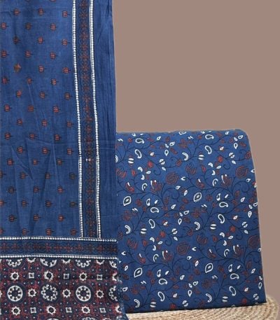 A blue Ajrakh set with a bordered printed dupatta and a coordinating Ajrakh top fabric