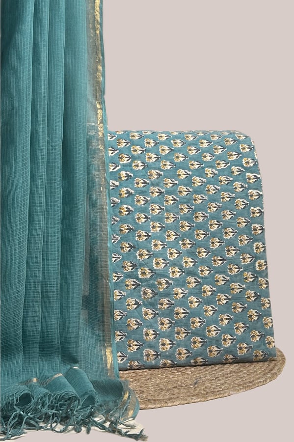 Blue - 2pc AirLoom™ Kota Dupatta and Blockprinted Soft Cotton Top Fabric Set A blue set pairing a sheer AirLoom™ Kota dupatta with a hand blockprinted soft cotton top fabric