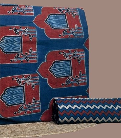 A blue Ajrakh set with a printed top fabric and a coordinating Ajrakh bottom in a contrasting motif