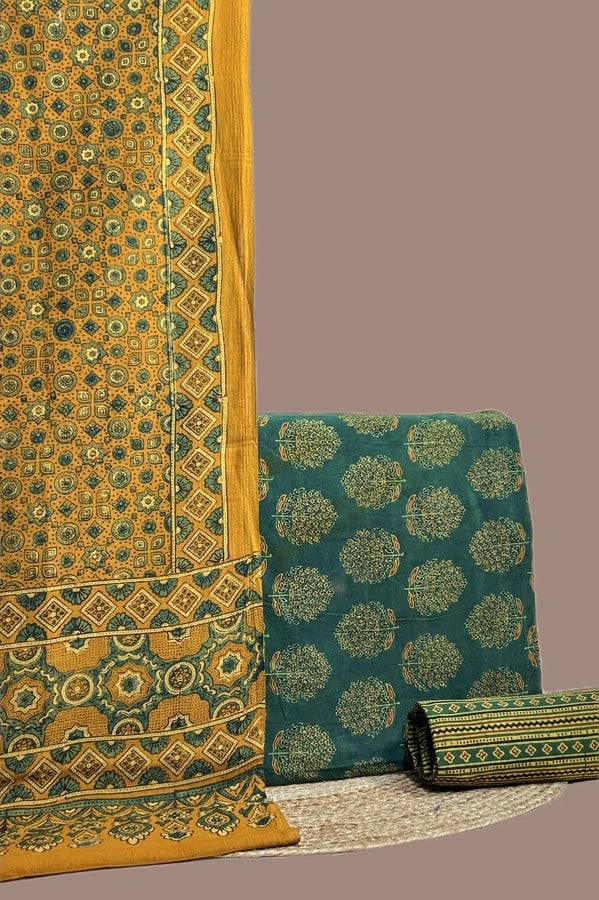 Green - 3pc Ajrakh Dupatta with Ajrakh Top & Bottom Set A green three piece Ajrakh set with a bordered printed dupatta
