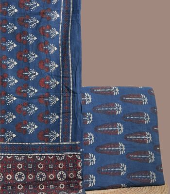 A blue Ajrakh set with a bordered printed dupatta and a coordinating Ajrakh top fabric