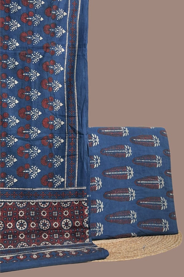 Blue - 2pc Ajrakh Dupatta and Ajrakh Top Fabric Set A blue Ajrakh set with a bordered printed dupatta and a coordinating Ajrakh top fabric