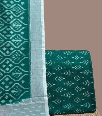 A green handwoven Ikkat set with a patterned dupatta and coordinating Ikkat top fabric