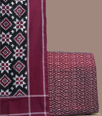A red handwoven Ikkat set with a patterned dupatta and coordinating Ikkat top fabric