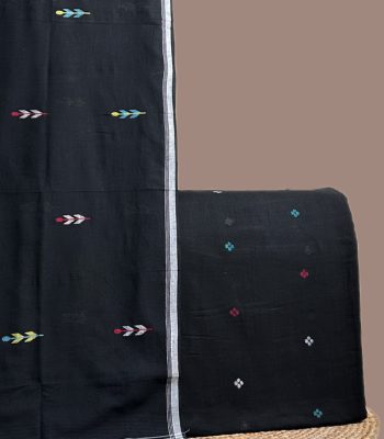 A black handloom set with a woven dupatta and a coordinating woven design cotton top fabric