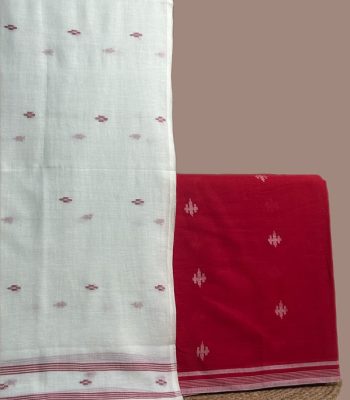 A red handloom set with a woven dupatta and a coordinating woven design cotton top fabric