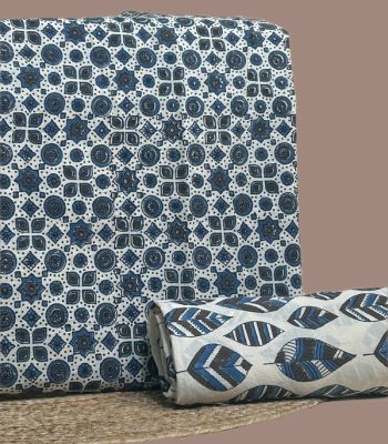 A white Ajrakh set with a printed top fabric and a coordinating Ajrakh bottom in a contrasting motif