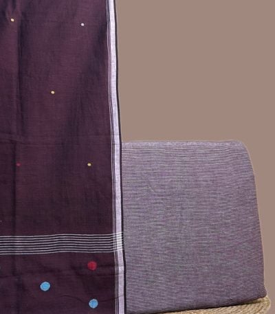Maroon handloom jamdani dupatta with a lavender handloom top woven in fine white stripes.