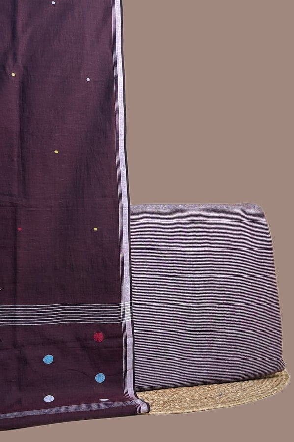 Maroon handloom jamdani dupatta with a lavender handloom top woven in fine white stripes.