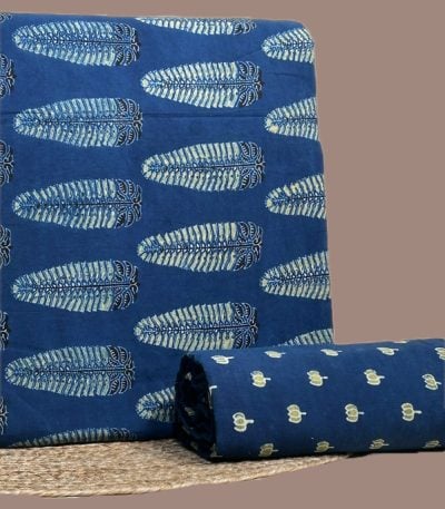 Natural indigo Ajrakh handblock top in a bold leaf motif with small buti bottom.