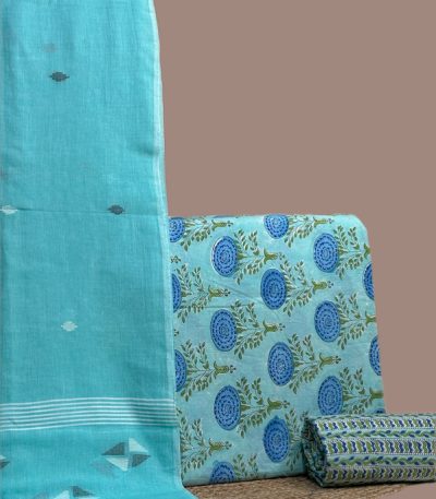 Aqua handloom jamdani dupatta with blue floral blockprint top and coordinated striped bottom.