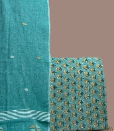 Aqua handloom jamdani dupatta with an indigo floral blockprint soft cotton top fabric.
