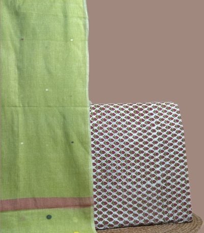 Lime green jamdani dupatta with a white soft cotton top blockprinted in dense butis.