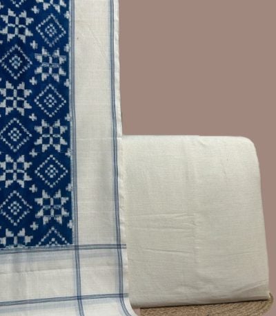 Indigo and ivory Ikkat dupatta with a natural kora handloom soft cotton top.