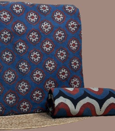 Indigo Ajrakh handblock medallion top with a bold wave printed coordinated bottom fabric.