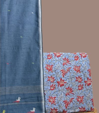 Denim blue jamdani bird dupatta with a pale blue red lily blockprint top.