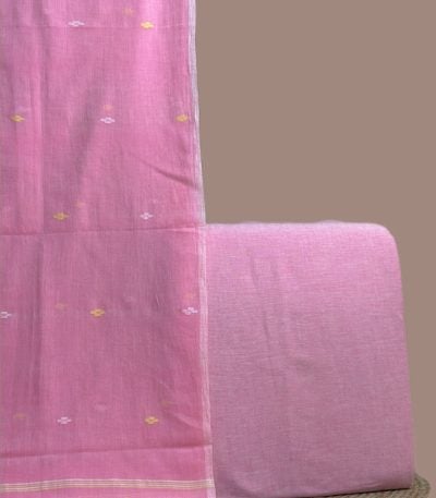 Soft pink jamdani dupatta with pastel butis and a plain pink handloom cotton top.
