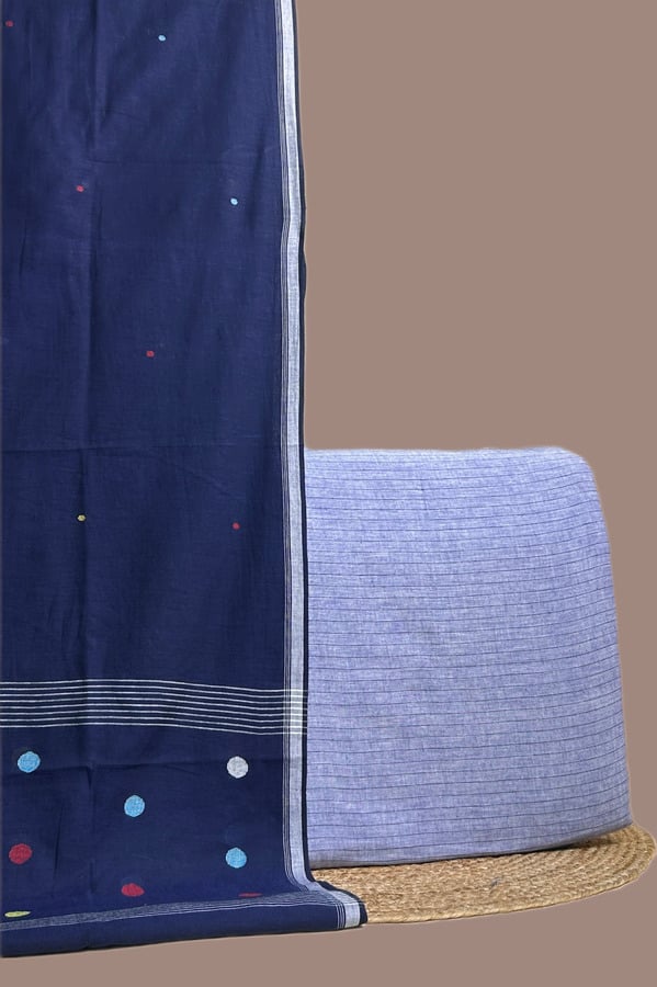 Navy jamdani dupatta with multicoloured butis and a chambray blue fine striped handloom top.