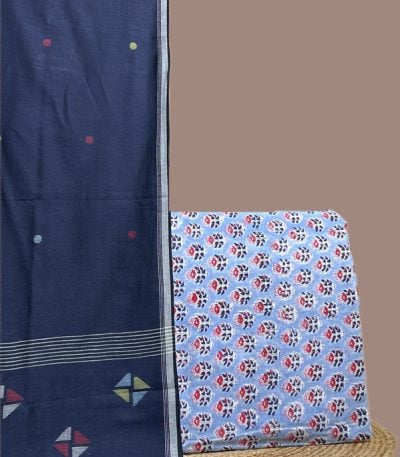 Navy handloom jamdani dupatta with a pale blue dense floral buti blockprint top.