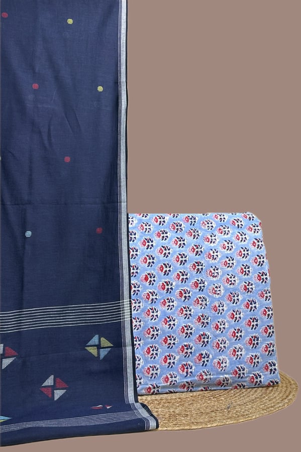 Navy handloom jamdani dupatta with a pale blue dense floral buti blockprint top.