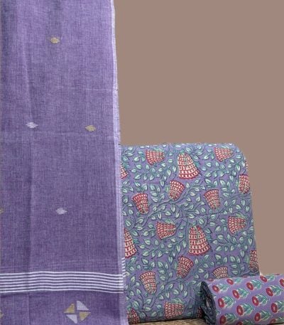 Lavender jamdani dupatta with purple blockprint floral top and a coordinated bottom fabric.