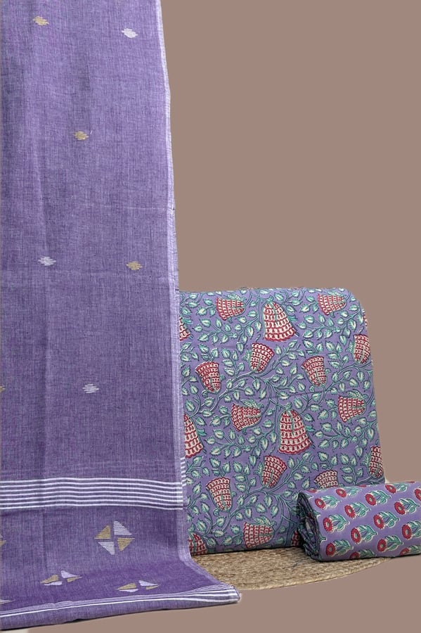 Purple - 3pc Handloom Cotton Dupatta with Blockprint Soft Cotton Top & Bottom Set Lavender jamdani dupatta with purple blockprint floral top and a coordinated bottom fabric.
