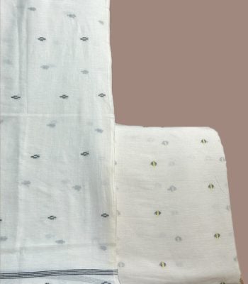 Ivory jamdani dupatta with grey butis and an ivory woven design handloom top.