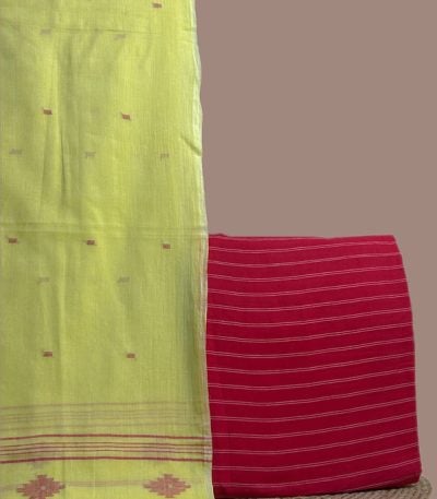 Lemon yellow jamdani dupatta with a bright red fine striped handloom top fabric.