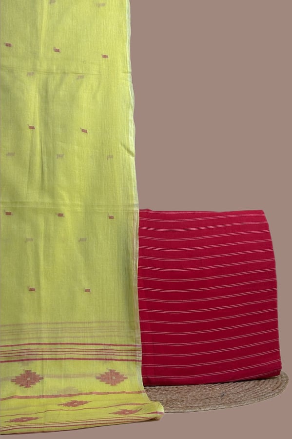 Red - 2pc Handloom Cotton Dupatta and Handloom Stripes Top Fabric Set Lemon yellow jamdani dupatta with a bright red fine striped handloom top fabric.