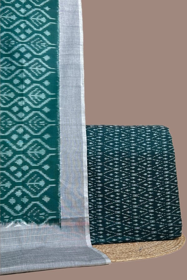 Green - 2pc Ikkat Dupatta and Ikkat Top Fabric Set Bottle green Ikkat dupatta with a matching green Ikkat top in allover motif.