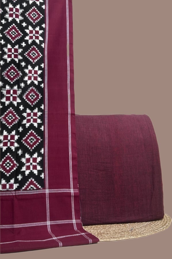 Maroon - 2pc Ikkat Dupatta and Plain Handloom Soft Cotton Top Fabric Set Black and maroon patola Ikkat dupatta with a plain maroon handloom soft cotton top.