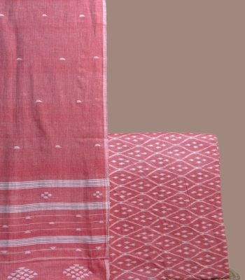 Coral pink jamdani dupatta with a matching coral Ikkat diamond motif top fabric.