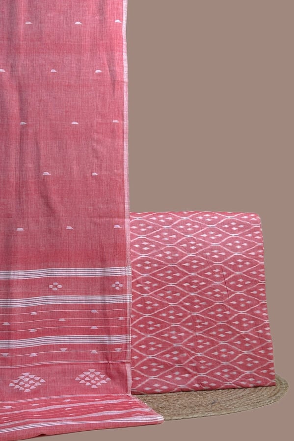 Pink - 2pc Handloom Cotton Dupatta and Ikkat Top Fabric Set Coral pink jamdani dupatta with a matching coral Ikkat diamond motif top fabric.